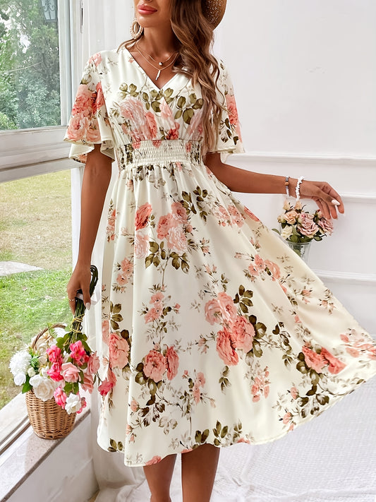 Plus Size Elegant Floral Dress with Ruched Waist - V-Neck, Short Sleeves, Light Yellow with Pink & Green Floral Print, Perfect for Summer, Casual to Semi-Formal Attire, Casual Attire|Floral Print Dress|Ruched Waistline, Plus