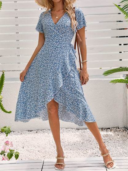 Women's Floral Print Short Sleeve Wrap Dress with Butterfly Sleeves and Side Tie Detail - V-Neck, Lightweight Polyester, Ideal for Spring/Summer/Fall, Floral Dress