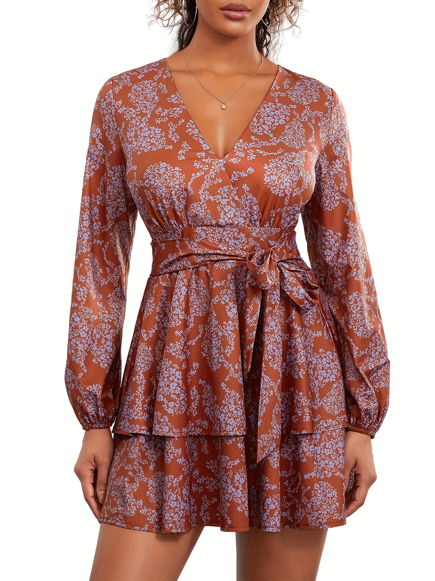 Elegant Floral V-Neck Dress for Women - Polyester, Machine Washable, Non-Sheer - Perfect for Spring/Summer/Fall, Floral, Dress, Elegant