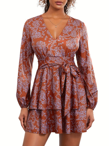 Elegant Floral V-Neck Dress for Women - Polyester, Machine Washable, Non-Sheer - Perfect for Spring/Summer/Fall, Floral, Dress, Elegant