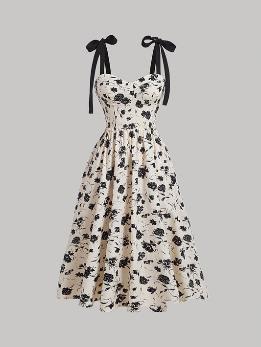 [Midi Chic V-Neck Floral Dress] Women'S Elegant V-Neck Floral Print Dress with Tie Straps, Polyester Knit Fabric, A-Line Silhouette, All-Season Chic Midi Dress for Adult