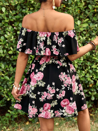 Chic Bloom, Elegant Off-Shoulder Floral Dress for Women - Ruffle Sleeves, A-Line, Perfect for Spring/Summer Vacations