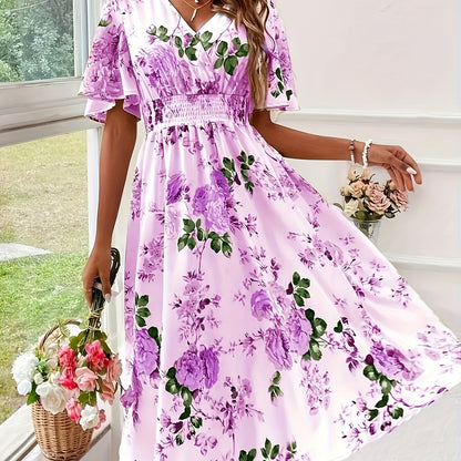 Plus Size Elegant Floral Dress with Ruched Waist - V-Neck, Short Sleeves, Light Yellow with Pink & Green Floral Print, Perfect for Summer, Casual to Semi-Formal Attire, Casual Attire|Floral Print Dress|Ruched Waistline, Plus